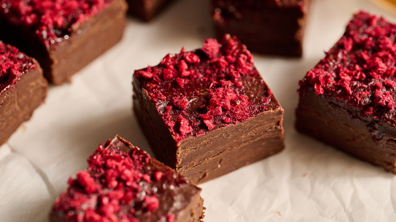 Close up of dark chocolate raspberry fudge squares