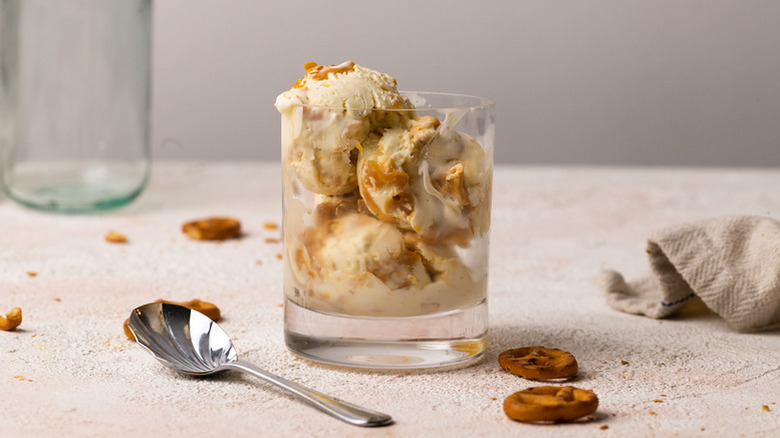Scoops of dulce de leche ice cream in glass