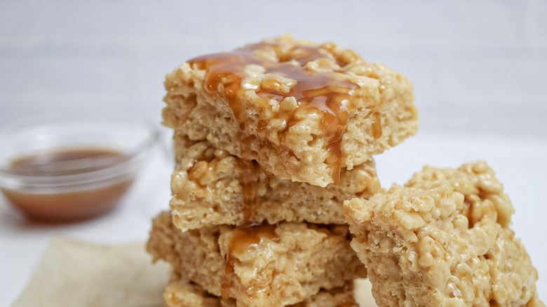 Stack of salted caramel Rice Krispie treats