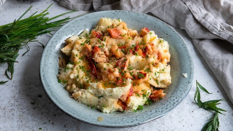 Bowl of lobster-topped mashed potatoes