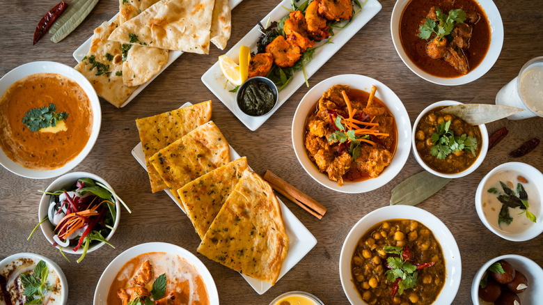 assorted Indian dishes and breads