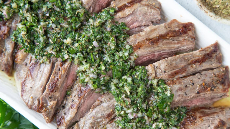 sliced skirt steak with chimichurri