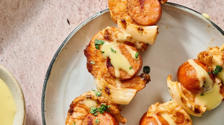 grilled shrimp and chorizo skewers with lime aioli
