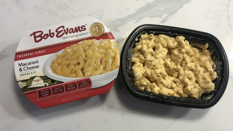 Bob Evans macaroni and cheese in a tub.