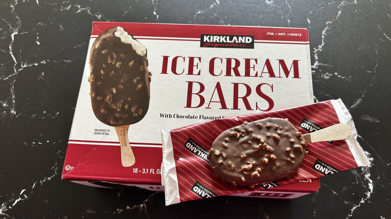 Kirkland Signature ice cream bar atop a wrapper and box