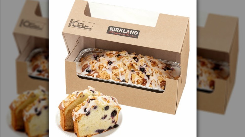 Blueberry lemon loaf with packaging on white background