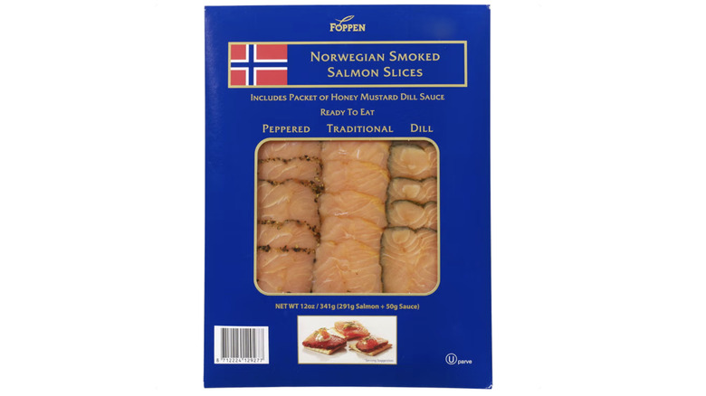 packed of Foppen Norwegian Smoked Salmon Slices on white background