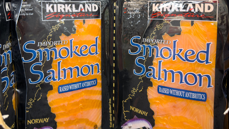 close up of packages of Kirkland Signature Smoked Salmon