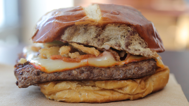 Close-up of the Wendy's pub pretzel burger