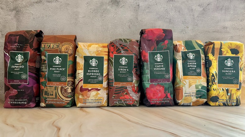 Starbucks coffee bags lined up on table