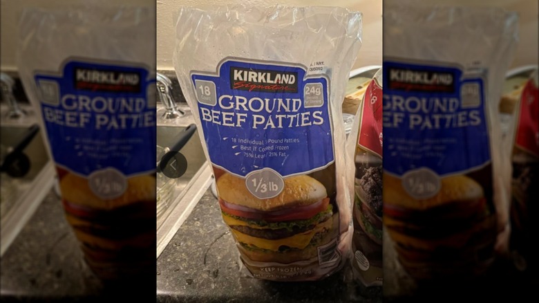 Blue bag of Kirkland Signature Ground Beef Beef Patties