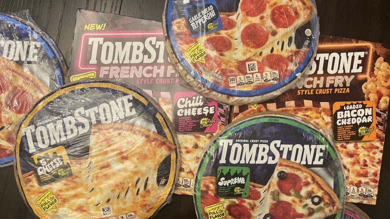 7 different Tombstone frozen pizzas.