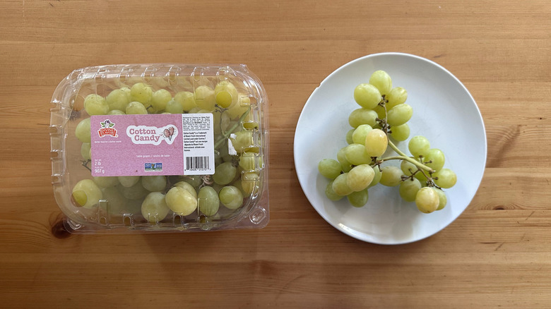 Trader Joe's Cotton Candy grapes on wooden table