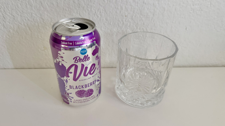 Can of Aldi's PurAqua Belle Vie blackberry flavor on a table