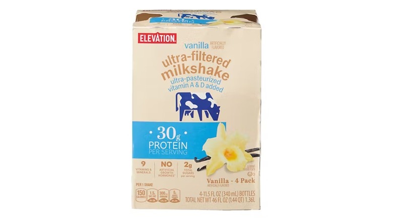 box of vanilla flavored Elevation Ultra Filtered Milkshakes on white background