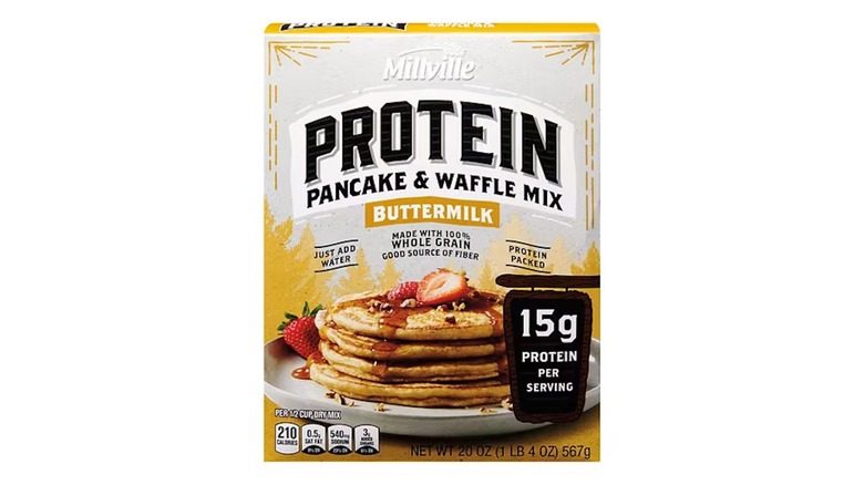 box of Millville Buttermilk Protein Pancake & Waffle Mix on white background