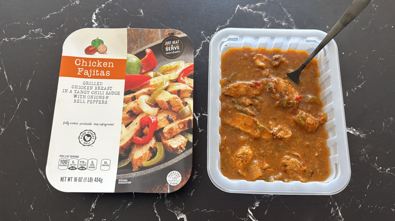 Aldi chicken fajitas package next to chicken fajitas in container