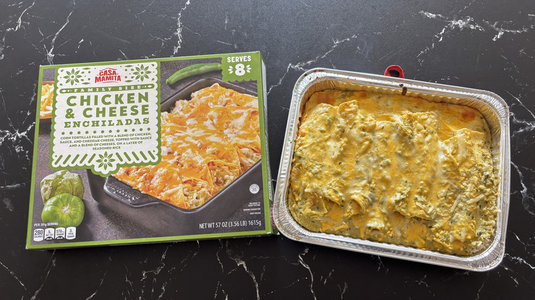 Aldi chicken enchiladas box next to pan of chicken enchiladas