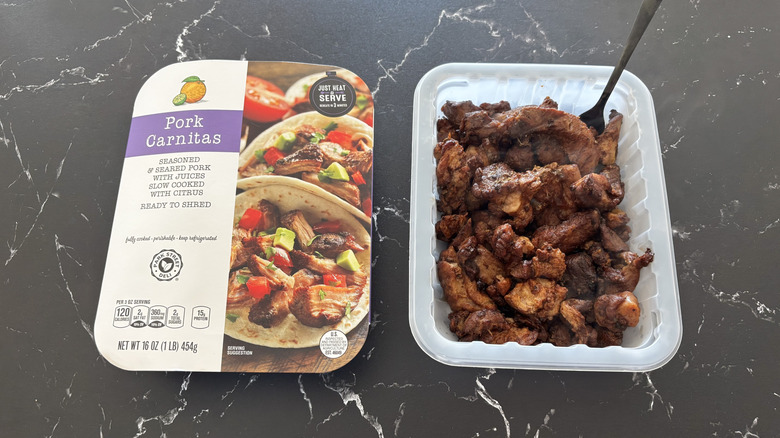 Aldi pork carnitas package next to pork carnitas in container