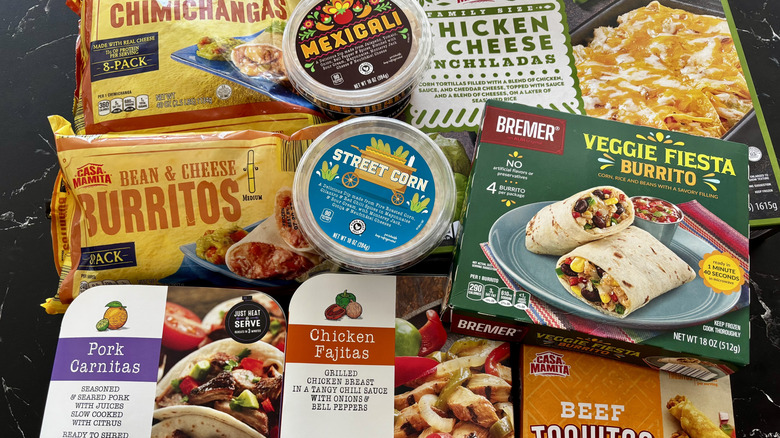 Various Aldi Mexican packaged foods on countertop