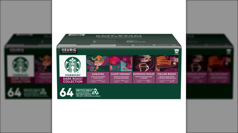 A variety pack box of Starbucks K-Cup Pods Dark Roasts