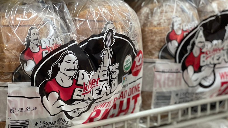 Double loaves of Dave's Killer Bread on Costco shelf