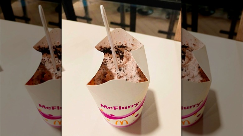McDonald's Oreo McFlurry with added strawberry flavoring in white cup with spoon