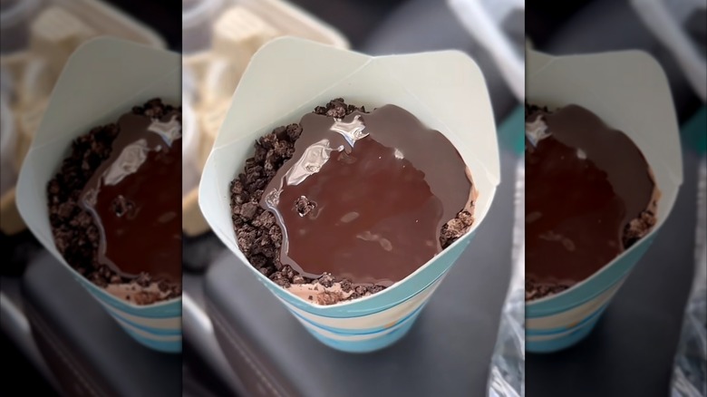 McDonald's Oreo McFlurry with hot fudge sauce on top