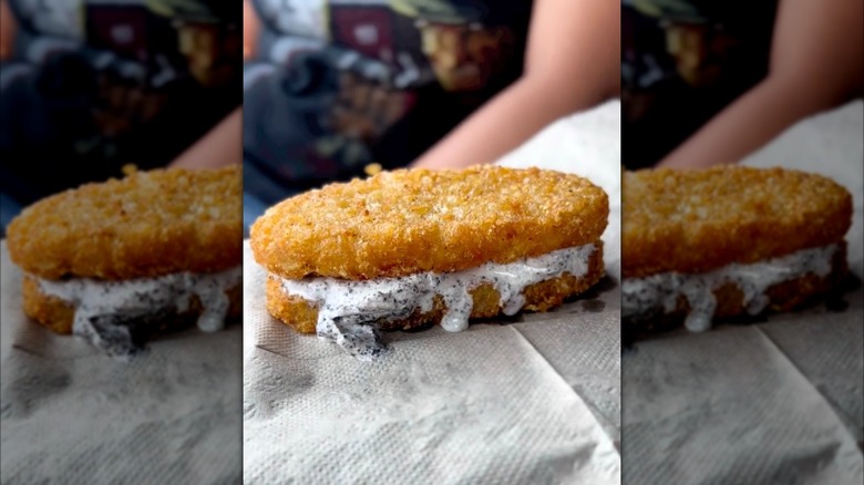 McDonald's Oreo McFlurry ice cream in between two potato hash browns