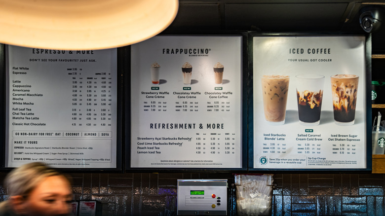Large menus on the wall at Starbucks
