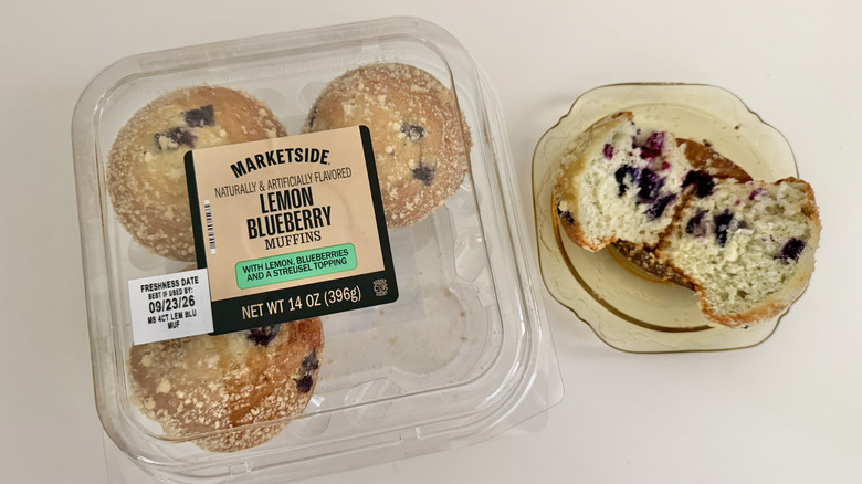 Marketside Lemon Blueberry Baked Muffin cut on a plate