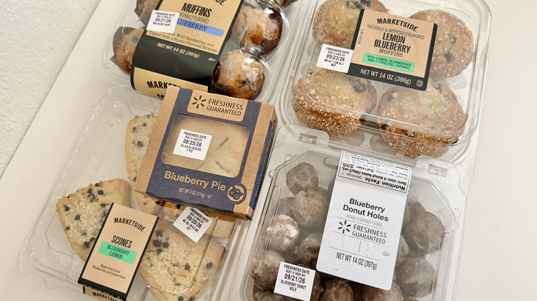 Several blueberry treats place on a small table