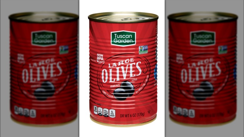 Can of olives with illustration of product on front of label