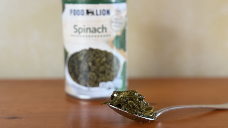 Spoonful of spinach in front of Food Lion can