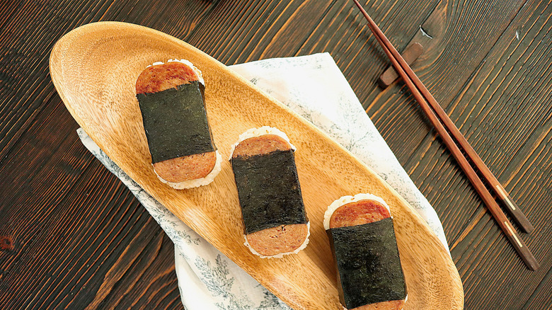spam musubi on serving tray