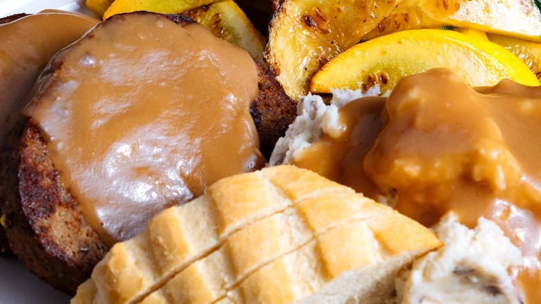 Metro Diner's meatloaf with gravy, bread, mashed potatoes and veggies