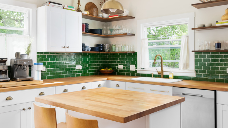 Kitchen with butcher block countertops and island