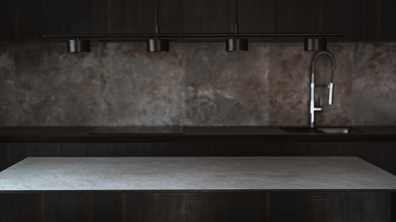 Kitchen interior with dark color scheme and slate countertop