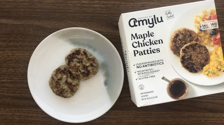 Costco Amylu maple chicken pattes on a plate.