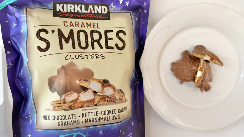 Close up of a bag of Kirkland Caramel S'mores Clusters