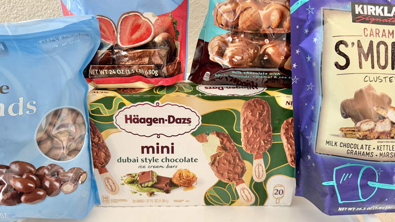 Close up of Dubai style ice cream box surrounded by other chocolate covered products from Costco