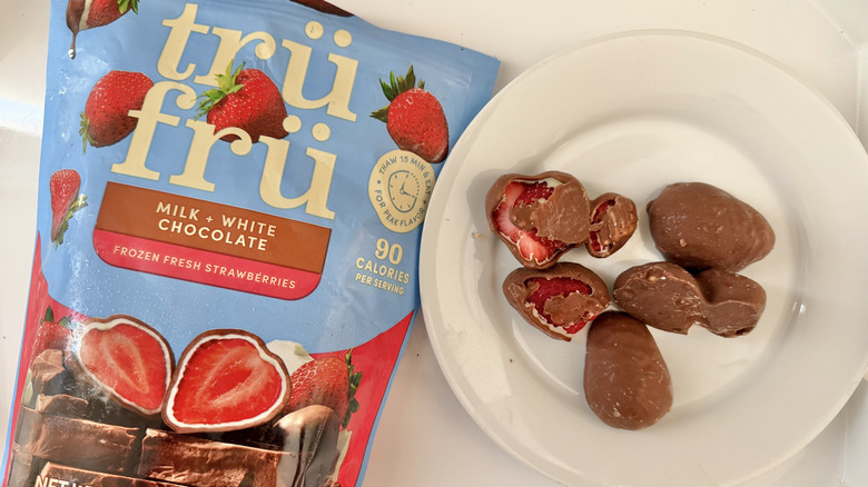 Tru Fru Milk White Chocolate Strawberry pieces on a plate