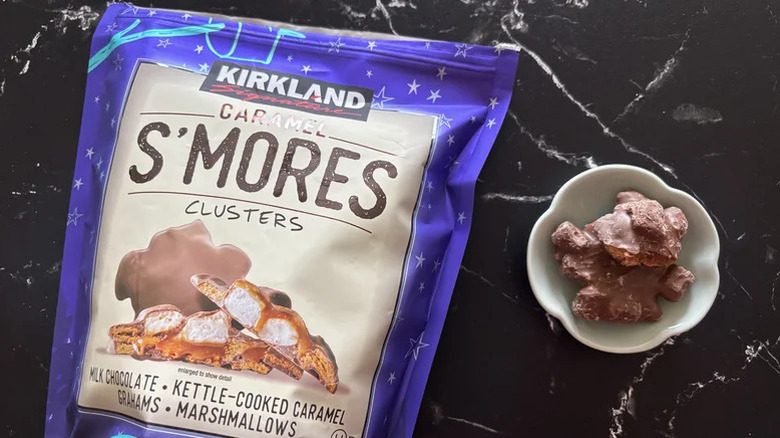 Package of caramel s'mores clusters on a table