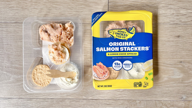 Open package of Honey Smoked Fish Co. Salmon Stackers