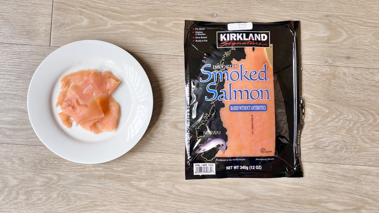 Two pieces of Kirkland Smoked Salmon on a plate