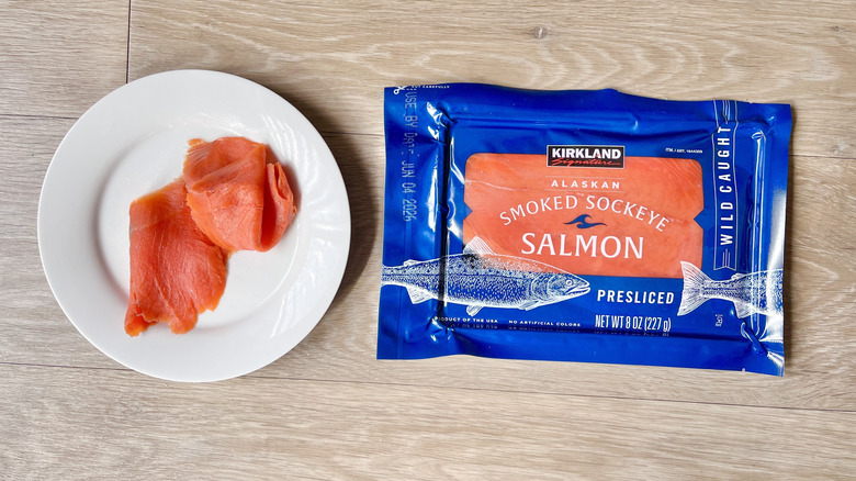 Two pieces of Kirkland Wild Smoked Sockeye Salmon on a plate