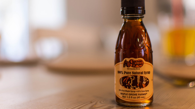 A close-up of Cracker Barrel's famous maple syrup.
