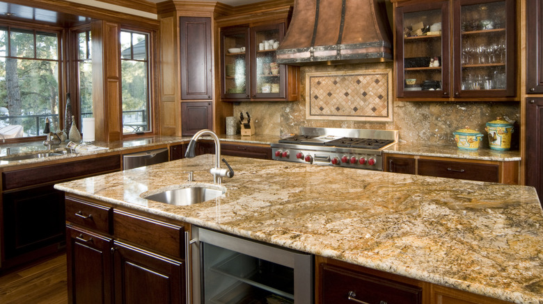 Spacious kitchen with polished granite countertops, dark wood cabinetry, and stainless-steel appliances