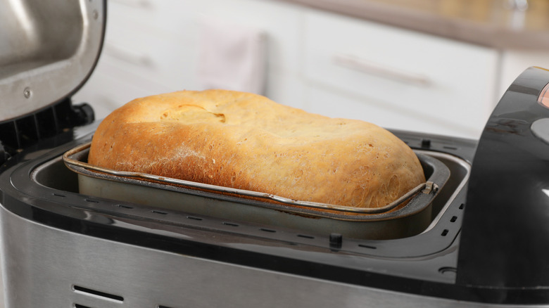 Open bread maker showing single loaf of bread