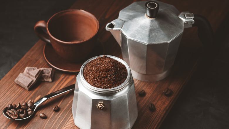 Moka pot with ground coffee